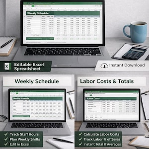 May include: A digital template for restaurant scheduling and labor cost management. The image shows a laptop displaying a weekly schedule and labor cost details. Text includes "Restaurant Schedule & Labor Cost TEMPLATE" and "Easily Plan & Track Staff Schedules and Payroll Costs."