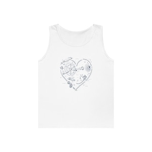 May include: White tank top featuring a heart-shaped design composed of bicycle parts in a blue line drawing. The heart is centered on the chest of the sleeveless shirt. The design includes gears, chains, and other mechanical components.