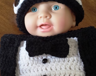 Tuxedo Hat and Cocoon Crochet Pattern, 0 to 3 mon