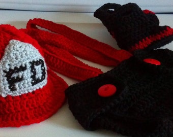 Fireman Hat, diaper cover, suspenders and boots crochet Pattern, Newborn to 12 months