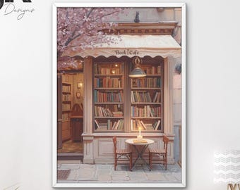 Cozy Book Cafe Print, Vintage Bookstore Wall Art Printable