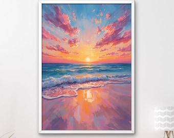 Coastal Beach Sunset Print, Pink Ocean Seascape Wall Art (Digital Download)