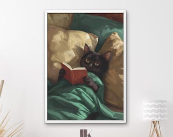 Black Cat Reading Print | Whimsical Cozy Home Art