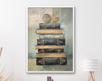 Könnte beinhalten: Gerahmtes Kunstwerk mit einem Stapel antiker Bücher mit goldenen Akzenten. Die Bücher sind dunkelblau und goldfarben, gekrönt von einem Globus und goldenen Blattdetails. Der Hintergrund hat ein strukturiertes, abstraktes Design in Blau- und Cremetönen.