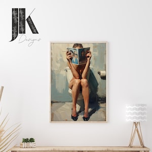 Può includere: Una stampa artistica raffigura una persona seduta su un water, che legge una rivista. La persona indossa tacchi neri e tiene una sigaretta accesa. L'opera d'arte è incorniciata e montata su una parete bianca.