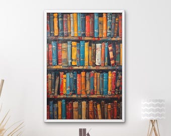 Könnte beinhalten: Ein gerahmter Druck eines Bücherregals voller bunter Bücher. Die Bücher haben verschiedene Farben, darunter Blau, Rot, Gelb und Orange. Der Druck ist in einem weißen Rahmen und wird auf einer Holzoberfläche ausgestellt.
