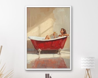 Vintage Bathroom Print | Woman in Red Bathtub Art | Feminine Wall Decor