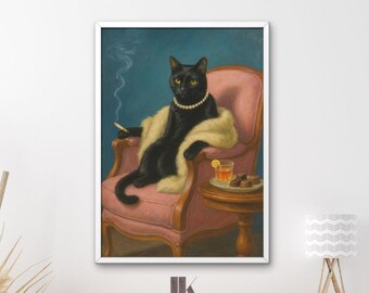 Vintage Black Cat Wall Art, Dark Academia Gothic Print (Digital Download)