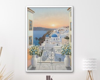 Santorini Sunset Balcony Art Print | Mediterranean Coastal Decor