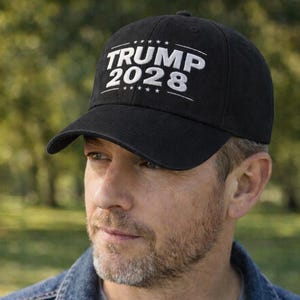 May include: Black baseball cap with the text "TRUMP 2028" in white. The cap is worn by a person wearing a denim jacket and a gray t-shirt. The background is a blurred outdoor scene with trees.
