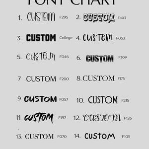 a font chart with various custom font names and styles. The font appearance may vary slightly due to embroidery style.