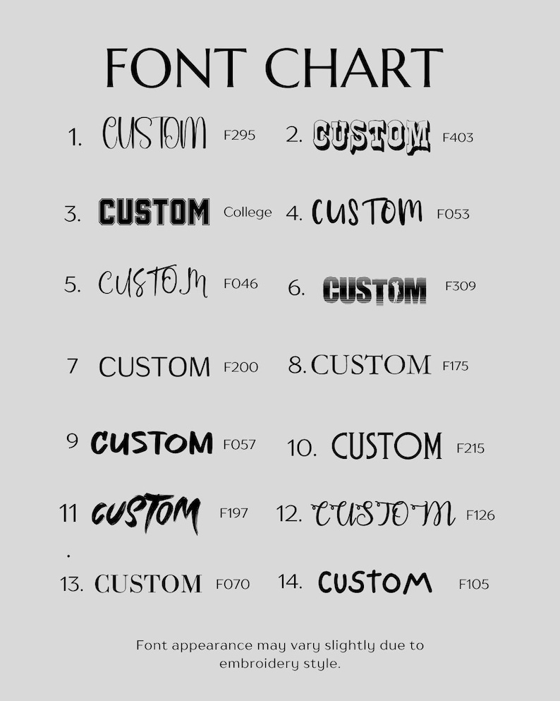 a font chart with various custom font names and styles. The font appearance may vary slightly due to embroidery style.