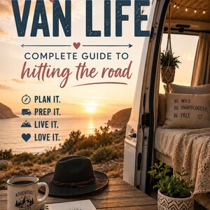 May include: A book cover titled Midlife Van Life Complete Guide to Hitting the Road featuring a sunset coastal view from a van interior. Includes a black hat, a mug with Adventure Awaits text, a notebook with Not All Who Wander Are Lost text, and a plant.