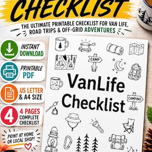 May include: A printable Van Life Checklist document featuring black line art icons of camping gear like mugs, tents, backpacks, and lanterns. The text reads Van Life Checklist, and the document includes four pages in US Letter and A4 sizes.