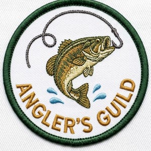 Angler's Guild Fishing Patch, Vintage Bass Fish Embroidered Badge, Fisherman Gift Iron On Applique, Nautical Club Decor, Outdoor Patch