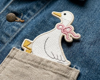 Cute Goose Embroidered Patch - Silly Goose with Pink Bow Iron On, Cottagecore Bird Badge