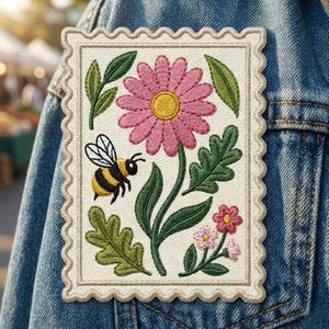 May include: A rectangular embroidered patch with a scalloped edge featuring a large pink flower with a yellow center, a small bumblebee with black and yellow stripes, and smaller pink blossoms with green leaves on a cream-colored fabric background.