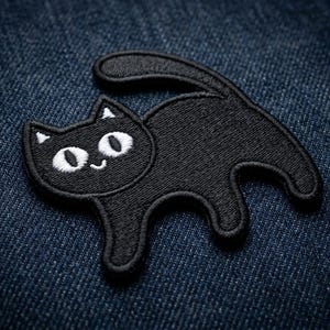 May include: Black cat patch with white embroidered eyes and a smiling mouth. The cat is in a playful pose with its tail curved upwards. The patch is made of black fabric and is likely an iron-on or sew-on patch for clothing or accessories.