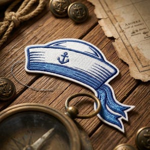 May include: A nautical-themed patch in white and blue, shaped like a sailor hat, featuring an anchor emblem. The patch is surrounded by antique brass buttons with anchor designs, a compass, and a vintage map on a wooden surface.