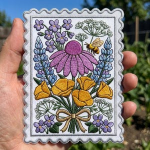 Wildflower Bouquet Stamp Patch, Vintage Botanical Iron On Patch, Cottagecore Floral Badge, Large Nature Jacket Decor, Bee Gift