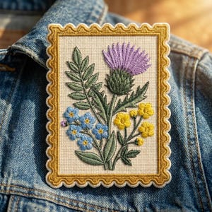 May include: A rectangular embroidered patch shaped like a postage stamp with a scalloped gold border. The design features a central botanical arrangement with a purple thistle, small blue forget-me-not flowers, and yellow buttercups on a cream background.