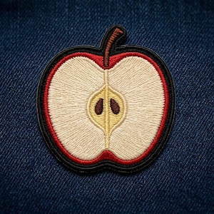 May include: Embroidered apple patch, cut in half, showcasing the inner details. The patch features a red border, black outline, and a beige interior with brown seeds. The stem is brown. The patch is on a blue denim background.