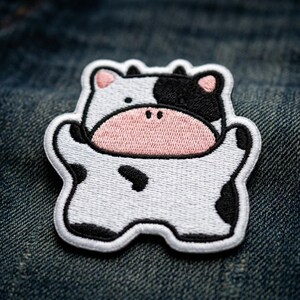 May include: Embroidered patch featuring a cartoon cow design. The patch has a white background with black spots and a black and white head. The cow's snout is pink, and the patch has a white border. The patch is placed on a denim background.
