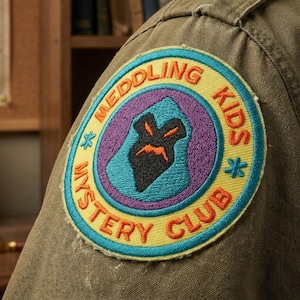 May include: A circular patch with the text "MEDDLING KIDS MYSTERY CLUB" in orange on a yellow border. The patch features a teal and purple design with a black face. The patch is sewn onto an olive green jacket.