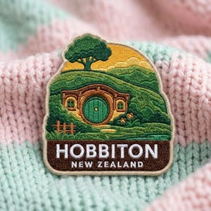 May include: An embroidered patch featuring a landscape of green hills, a round green door set into a hillside, a tree, and a brown fence. The bottom section is a dark brown rectangle with the white text HOBBITON NEW ZEALAND embroidered on it.