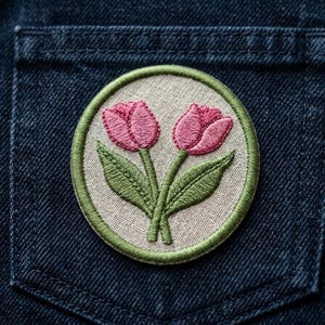 May include: Embroidered patch featuring two pink tulips with green leaves and stems, set against a light beige background. The patch is circular, with a green border, and is affixed to a dark blue denim pocket.