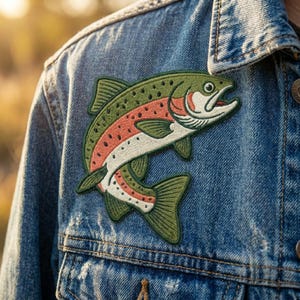 May include: An embroidered patch of a rainbow trout fish featuring olive green, white, and salmon pink thread colors. The fish is depicted in a curved, jumping position with detailed scales and fins, securely attached to a blue denim jacket fabric.