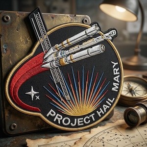 May include: Embroidered patch with a space theme. The patch features a spaceship design, the text "PROJECT HAIL MARY" and "MARY". The patch has a black background with red, white, blue, and gold accents. A star and a sunburst design are also included.