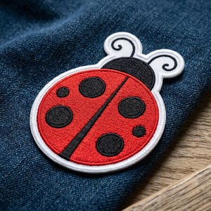 May include: A red and black ladybug patch with a white border, black spots, and antennae. The embroidered patch is on a blue denim surface, perfect for adding to clothing or accessories.