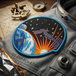 May include: Embroidered patch featuring a space station, Earth, and a rising sun against a starry black background. The patch is bordered in blue and includes the text "ISS-EXP-PCH-67/69". The patch is on a gray fabric, with a compass and a map in the background.