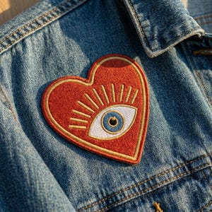 May include: A heart-shaped embroidered patch featuring a central eye design with a blue iris and white sclera, surrounded by radiating gold-colored lines. The patch is stitched onto a blue denim jacket with visible seams and a collar.