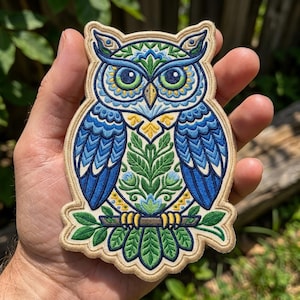 Boho Owl Embroidered Patch, Vintage Animal Iron On Patch, Large Folk Art Badge, Mystical Nature Jacket Decor, Owl Gift