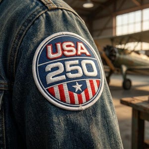 May include: Close-up of a denim jacket with a circular patch. The patch features the text "USA 250" in white and red, with a star and stripes design. Sunglasses are clipped to the jacket. An airplane is in the background.