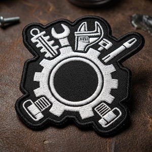 May include: Embroidered patch featuring a white gear with various mechanic tools, including a wrench, screwdriver, and bolts, on a black background. The patch is designed for apparel or accessories.
