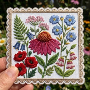 May include: A square embroidered patch with a scalloped border featuring a botanical design on white fabric. The embroidery displays a central pink coneflower, red poppies, blue flax flowers, blue bell-shaped flowers, and green fern leaves.