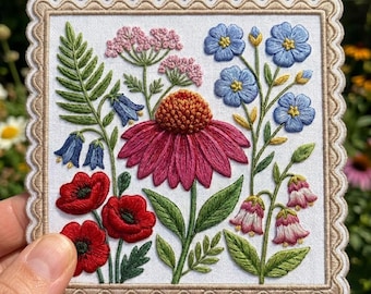 Wildflower Meadow Stamp Patch, Vintage Botanical Iron On Patch, Cottagecore Floral Badge, Large Nature Jacket Decor, Gift
