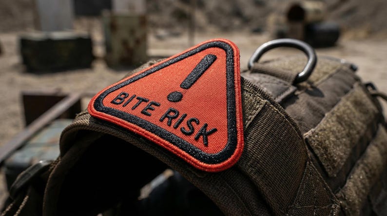 May include: A tactical dog harness with a red triangular patch. The patch has black trim and the words "BITE RISK" in white, with a black exclamation point. The harness is olive green and has a metal D-ring.