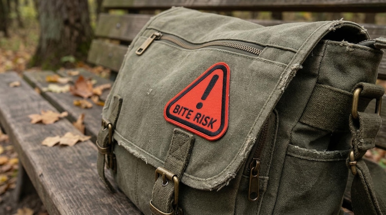 May include: An olive green canvas messenger bag with a red and black "BITE RISK" patch. The bag has multiple pockets, a zipper closure, and adjustable straps. The bag is sitting on a wooden bench.