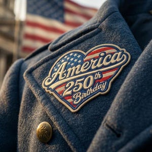 May include: A close-up of a blue coat with a heart-shaped patch. The patch features the text "America 250th Birthday" with a design of the American flag. A gold button is visible on the coat.