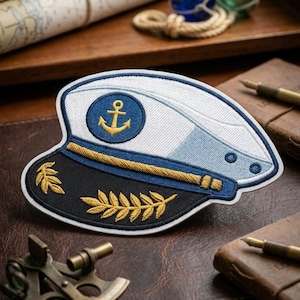 Captain Hat Embroidered Patch - Nautical Anchor Sailor Badge - Iron On Maritime Marine Emblem for Jackets & Hats - Yacht Captain Gift
