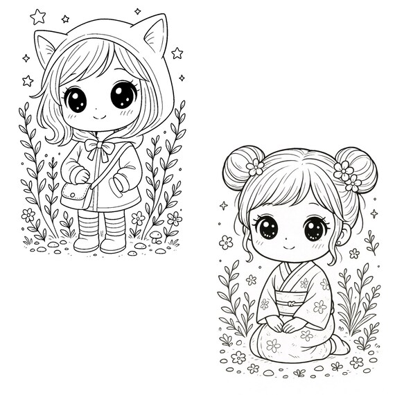 Kawaii Fantasiewelten Ausmalbuch PDF | Printable Coloring Book | süße Mädchen, Tiere, Tiny Häuser & Desserts | Digital Download