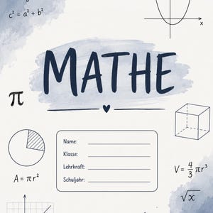 Puede incluir: Una cubierta de cuaderno blanca con detalles en acuarela azul que presenta la palabra MATHE en texto azul oscuro. Incluye fórmulas matemáticas, un plano cartesiano, una parábola, un cubo, un círculo y un formulario para Name, Klasse, Lehrkraft y Schuljahr.