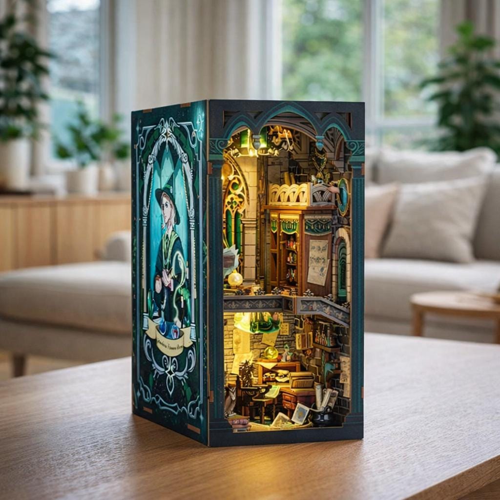 Coin Pour Livre D'étude Sur La Magie Noire - Insert D'étagère Diorama Avec Bibliothèque Led Fantasy Décoration De Puzzle En Bois