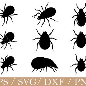 Puede incluir: Una colección de nueve siluetas negras de insectos, incluyendo garrapatas, mostradas sobre un fondo blanco. Los insectos varían en forma y pose, con patas y detalles corporales visibles. La parte inferior de la imagen muestra el texto "EPS / SVG / DXF / PNG".