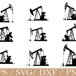 May include: A collection of nine black silhouette illustrations of oil pump jacks, each featuring a distinct mechanical structure with a walking beam, counterweight, and derrick, presented in a grid format with file format text below.
