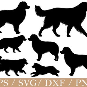 Könnte beinhalten: Schwarze Silhouette-Illustrationen eines Hundes in verschiedenen Posen. Das Bild zeigt mehrere Darstellungen des Hundes, darunter stehende, gehende und rennende Positionen. Der untere Teil des Bildes zeigt den Text "EPS / SVG / DXF / PNG".